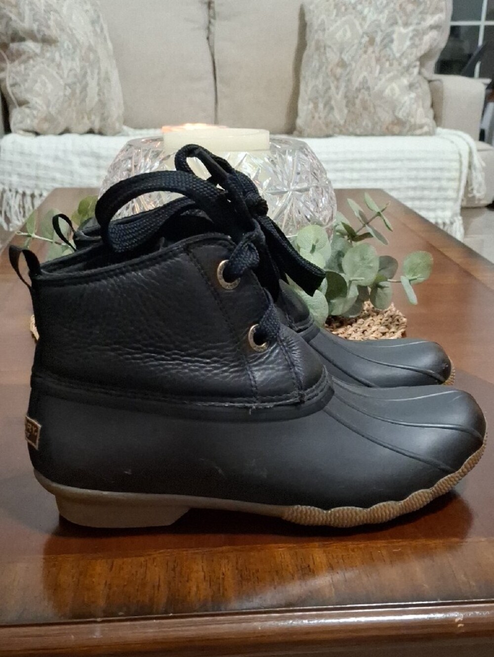 Sperry Saltwater 2 Eye Black Lace-Up Duck Booties Size 9 Waterproof